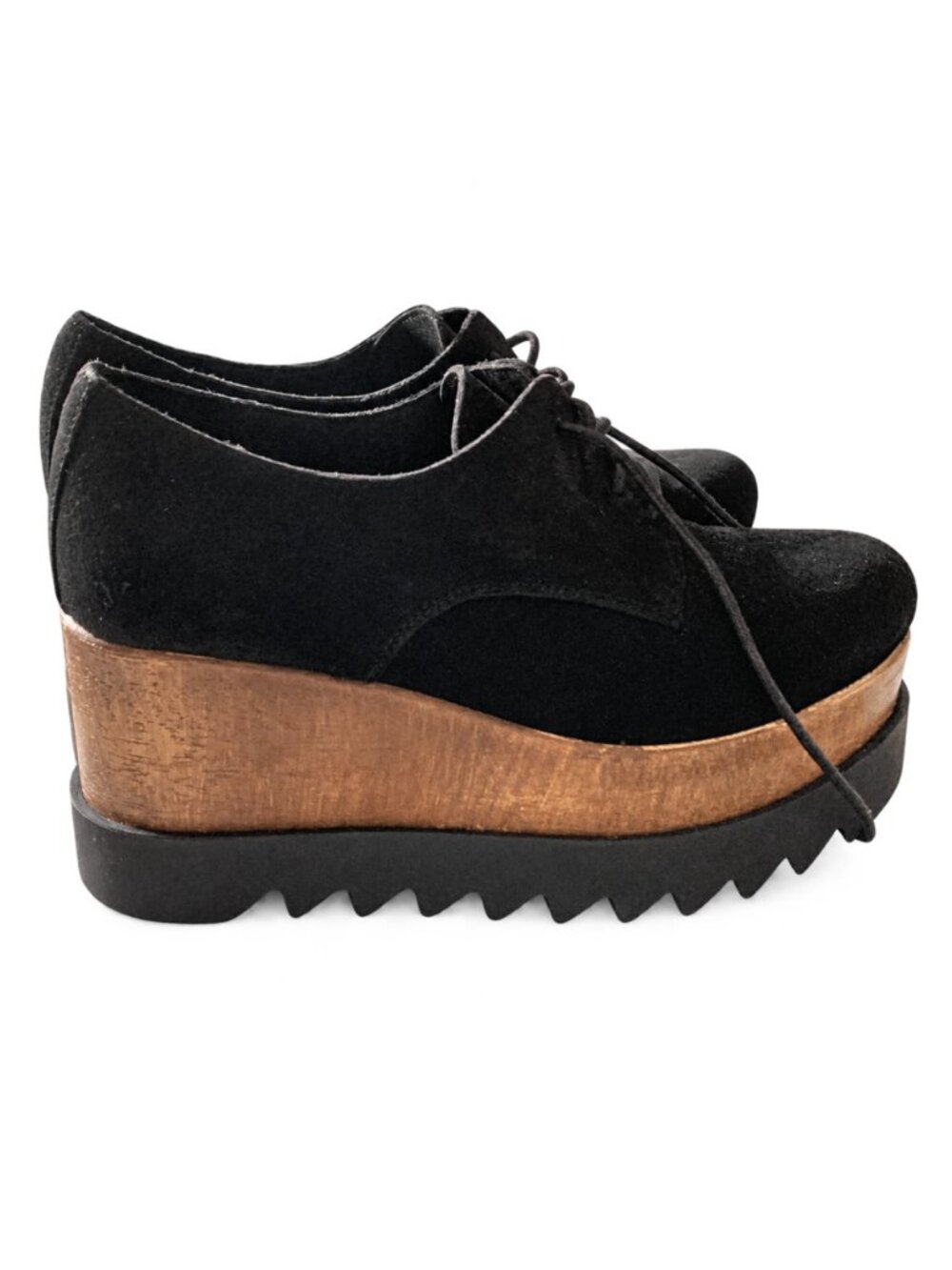 Black Suede Platform Lace-Up Shoes with Wood-Effect Midsole